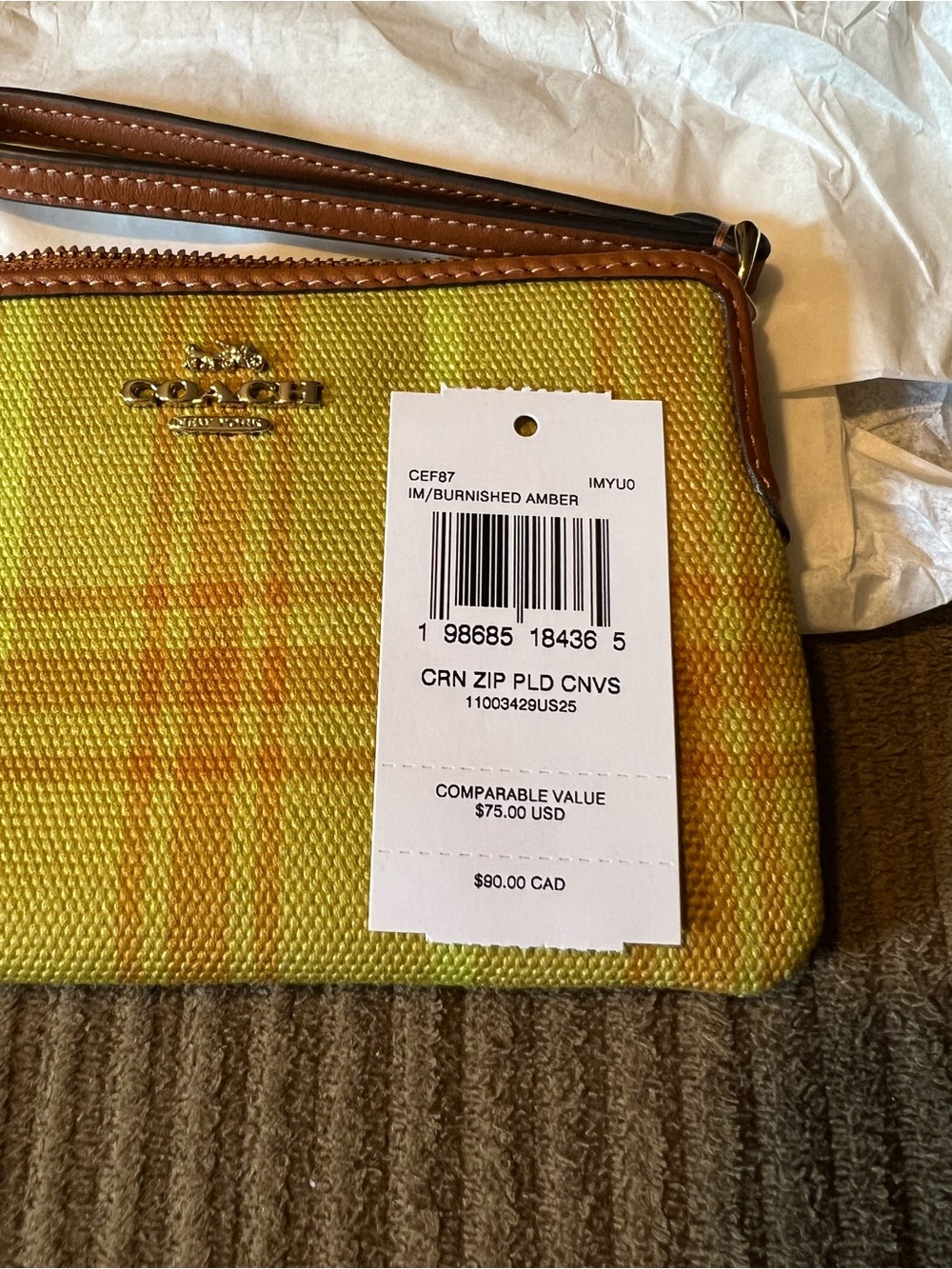 Coach Corner Zip Wristlet
In Regenerative Cotton With Plaid Print NWT - Picture 4 of 4